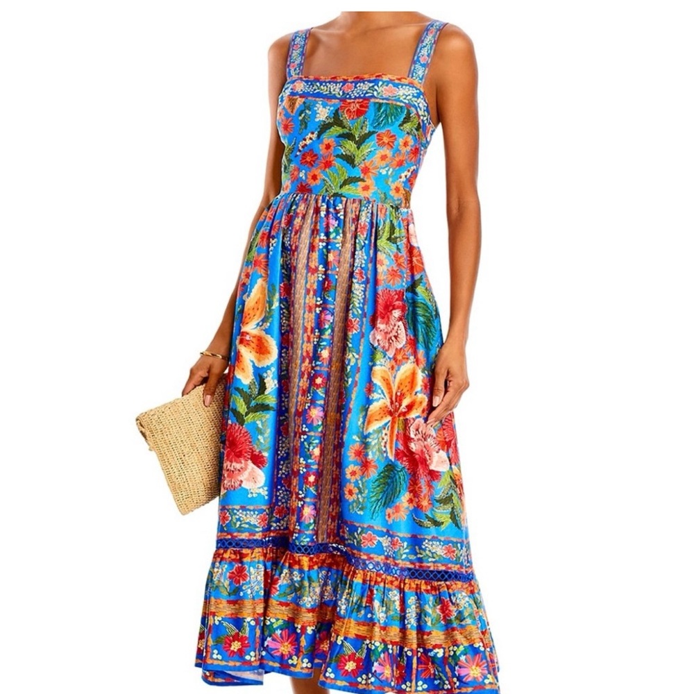 FARM Rio Vibrant Floral Midi Dress Size M Stiched Garden Cotton Midi Dress